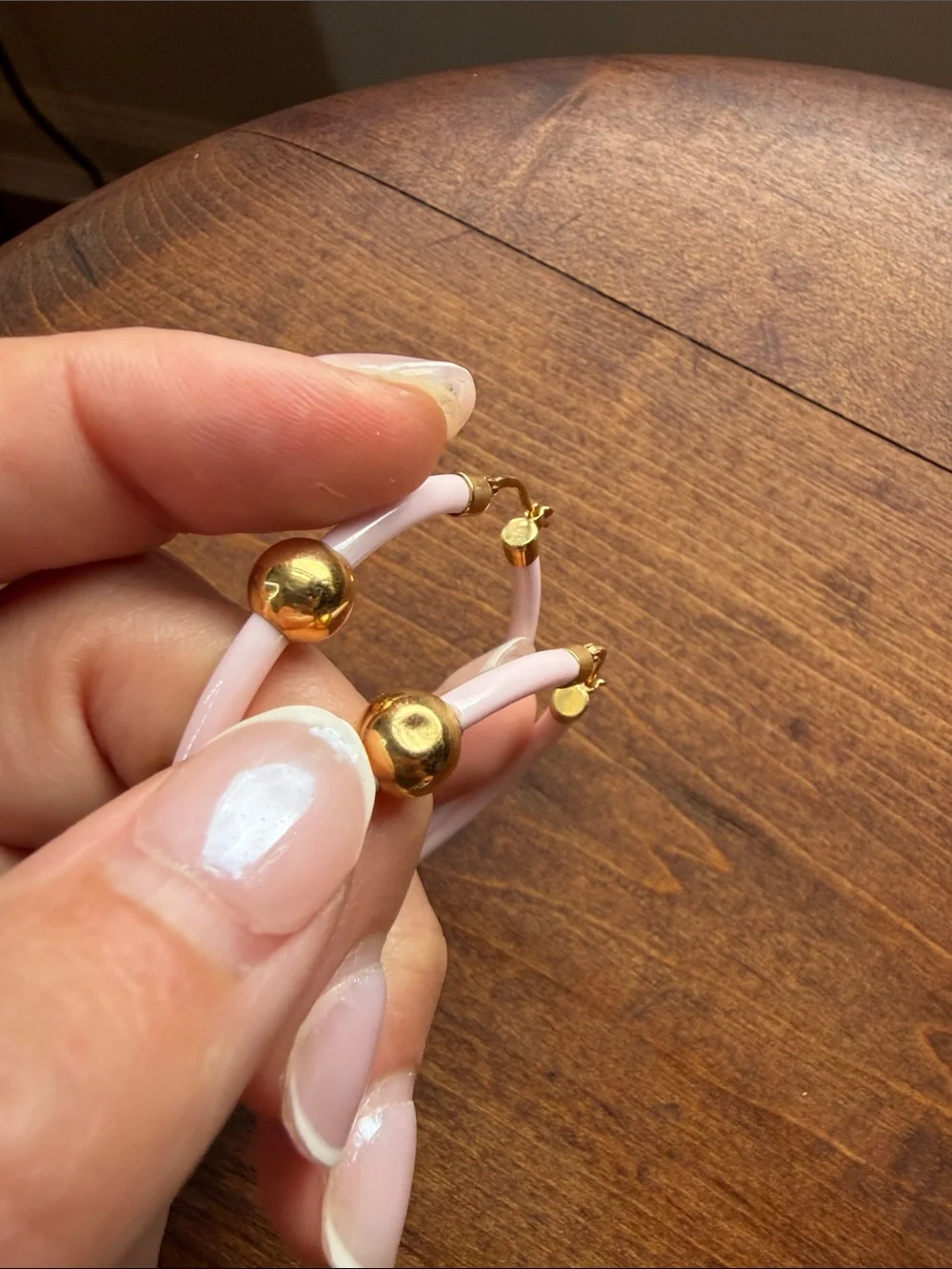 Vintage 750 Pink Hoop Earrings with Gold Bead Accents - Picture 6 of 7